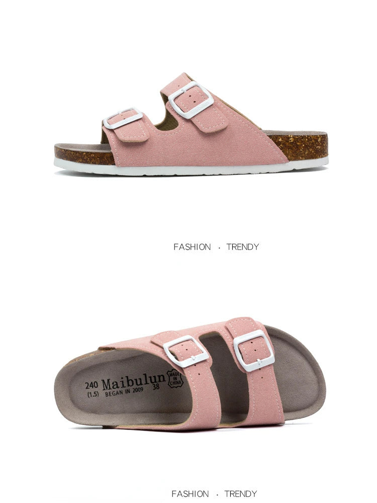 Nubuck Women Cork Slippers Summer Mule Clogs Flats Sandals Slides Casual Beach Couple Double Buckle Soft Shoes Footwear Big Size