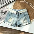 Retro Flanged Waist Ripped Denim Shorts Women's Summer Sexy Hip-wrapped Straight Hot Pants