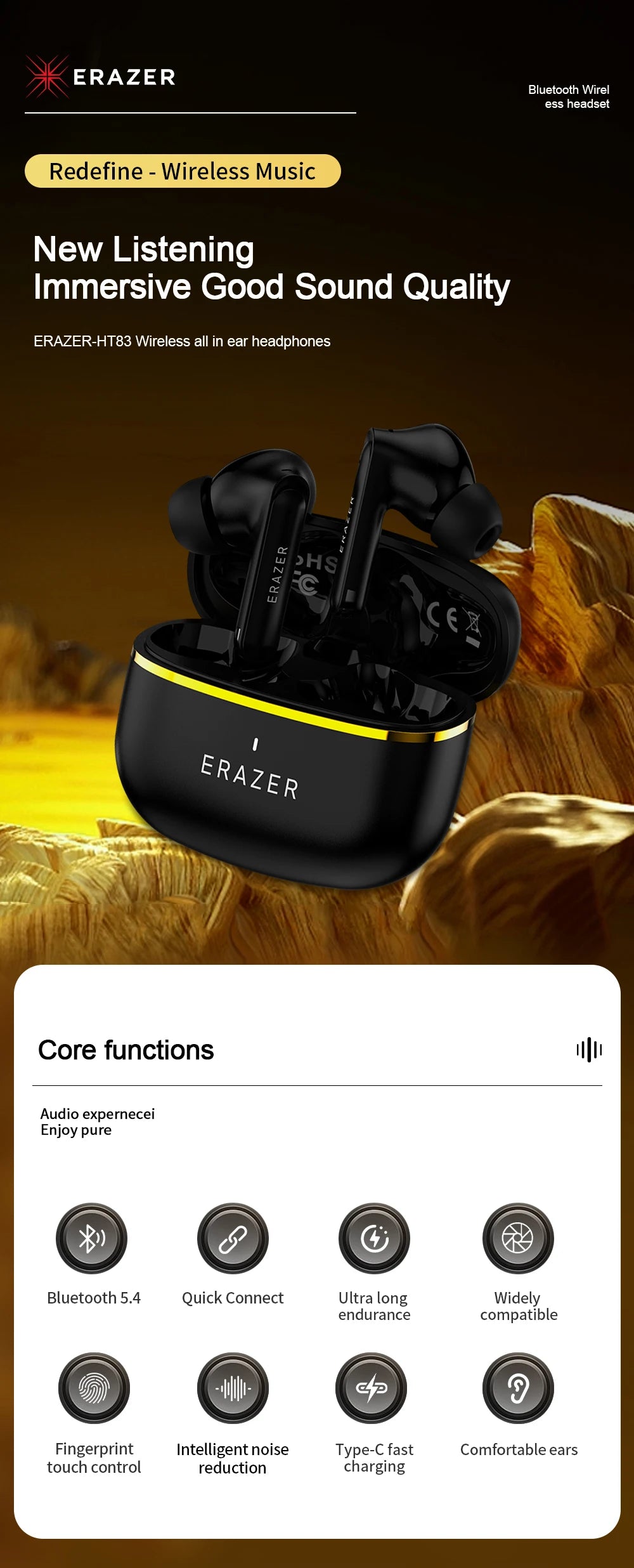 Lenovo True Wireless Bluetooth Earphone In-ear Earbuds HIFI Stereo for Sports BT 5.4 Noise Reduction Mini Headphone HT83