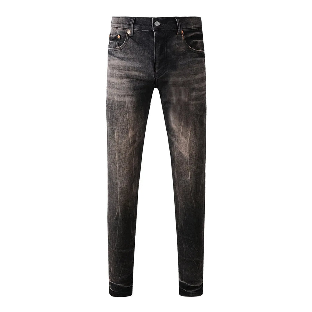 High Street American Distressed Men's Jeans Fashion Brand Coated Blank Stretch Skinny Button Fly Ripped Pants Trousers