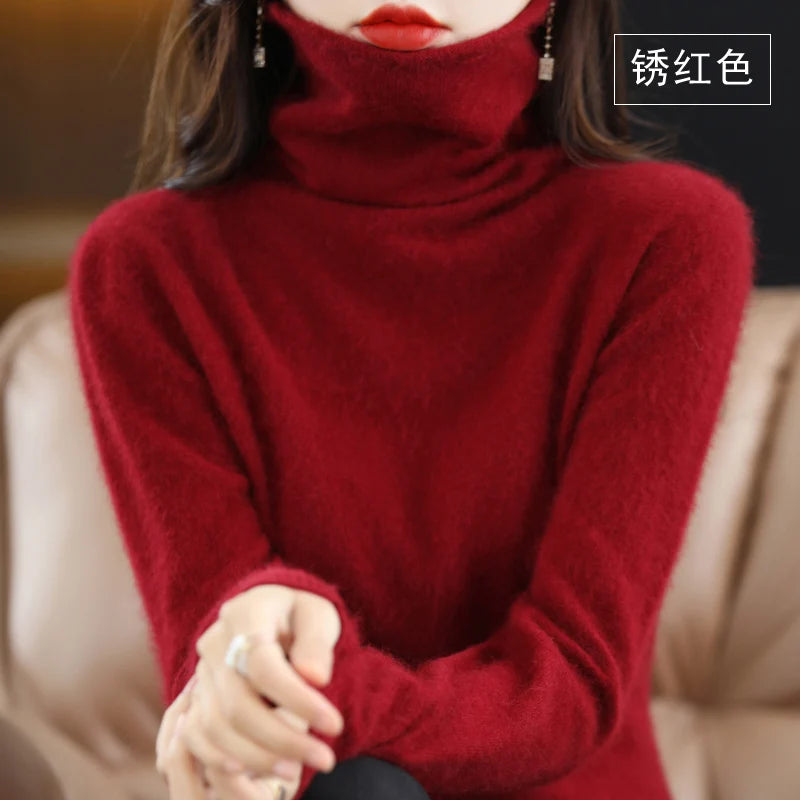 Women's Pile Collar 100% Mink Cashmere Sweater Winter High Collar Knitted Pullover Casual Short Thick Tops Loose Warm Base Shirt