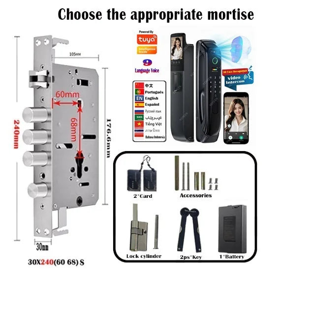 5050 5072 5572 4585 6085 Mortise Tuya WiFi Video Intercom 3D Face Recognition Smart Lock Biometric Camera Auto Keyless Lock