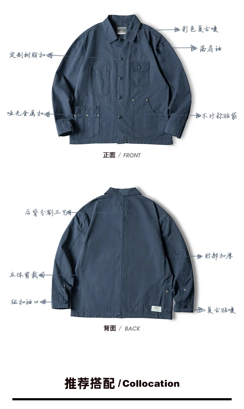 Maden Autumn Navy Blue Hunting Jacket for Men Turn-down Collar Asymmetrical Multipocket Cotton Casual Outerwear Coat Loose-fit