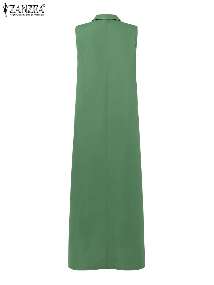 2025 Summer Sleeveless Sundress ZANZEA Women Long Dress Elegant Work OL Dresses Casual Lapel Neck Solid Vestidos Split Hem Robe