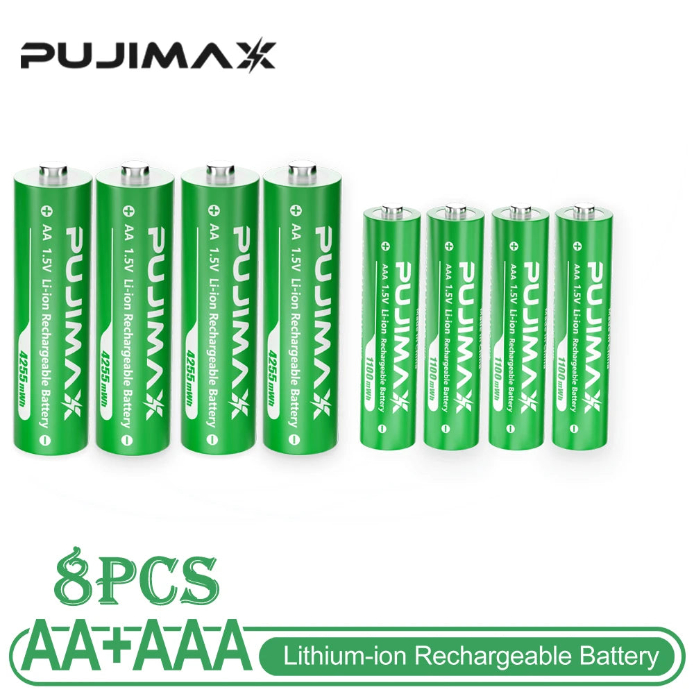 PUJIMAX Lithium-Ion Rechargeable Battery High-Capacity 1.5V 4255mWh AA&1100mWh AAA Battery for Remote Control Mouse Electric Toy