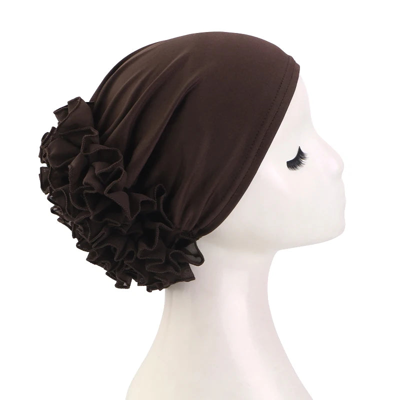 New breathable chiffon hat with large flowers Solid color thin bottom cap Islamic Head Wrap Women's elastic anti hair loss hat