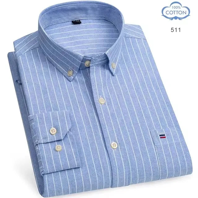 100% Pure Cotton Oxford Shirts for Men Long Sleeve Plaid Shirt Striped Male Business Checked Red Shirt Mans Designer Clothes 7XL