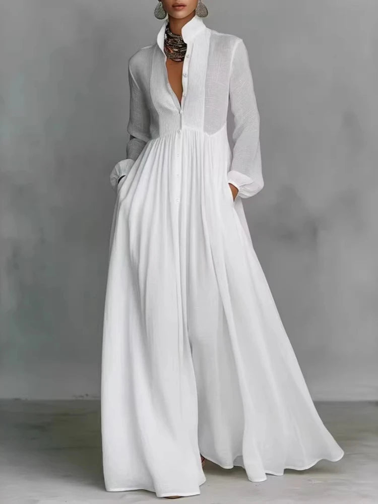 Elegant High Waist Swing Long Dress Woman Spring Solid Pockets Pleated Maxi Dress Spring Autumn Long Sleeve Button Evening Dress