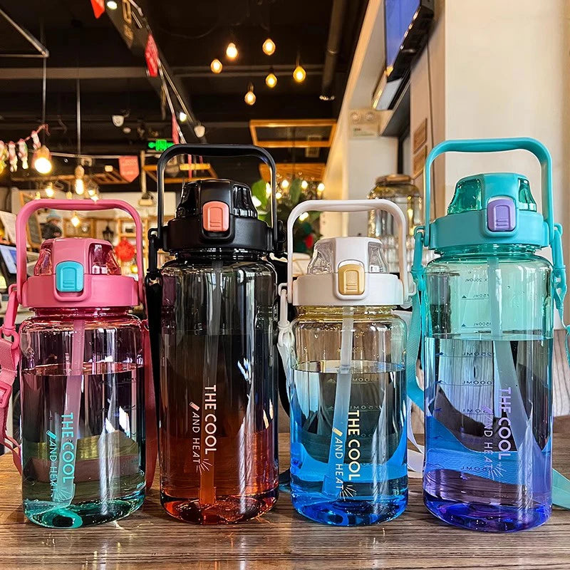 1.5/2 Liter Water Bottle Portable Plastic Sports Bottle With Straw Strap Large Tumbler Gym Travel Juice Drinking Bottle BPA Free