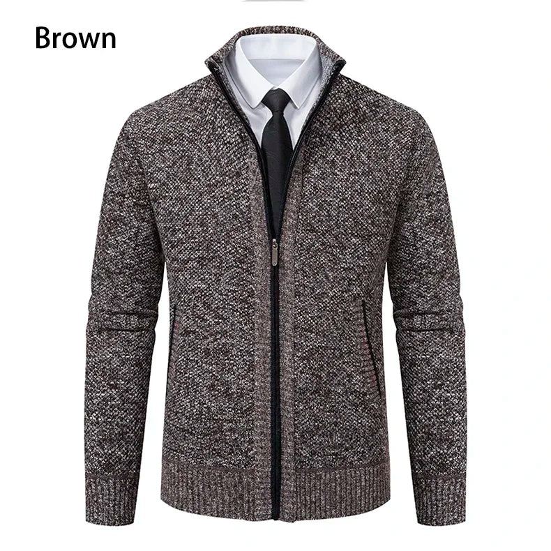 2025 Autumn and Winter New Jersey Men's Casual Sports Coat Solid Color Stand Collar Sweater Grab Fleece Warm Zipper Cardigan