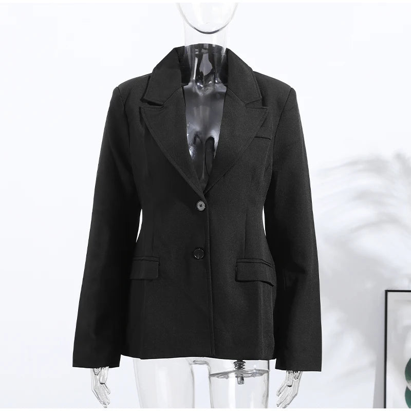 Elegant Shoulder Pad Slim Suit Jackets Women Solid Lapel Long Sleeved Jacket Female 2025 Spring Chic Daily Style Outwears Tops