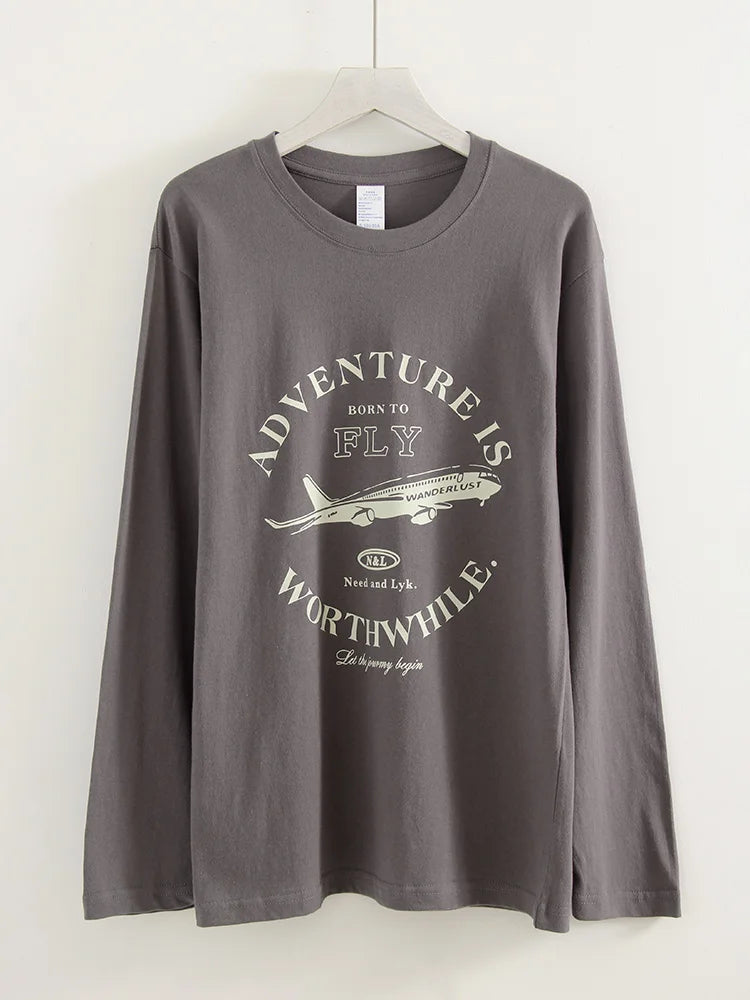 Streamgirl Cotton Long Sleeve T-shirt For Women Spring Tops Graphic Tees Oversized Casual Light Yellow Tshirts Ladies Basic Tops