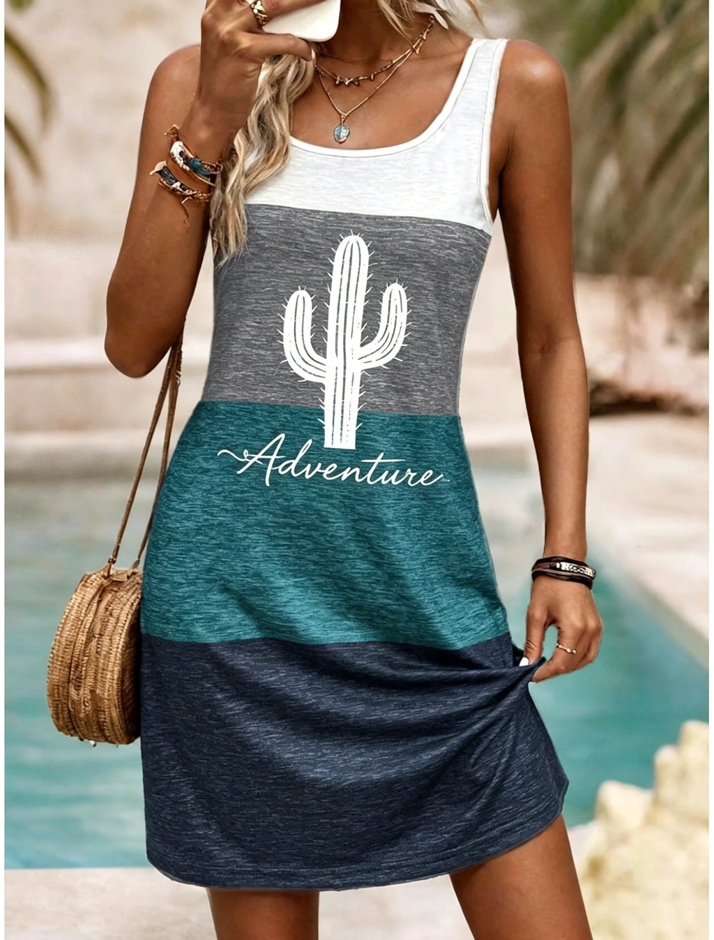 Women's U-Neck Color Block Monstera Breathe Print Sleeveless Casual Tank Dress Beach Vacation Mini Dress for Spring Summer