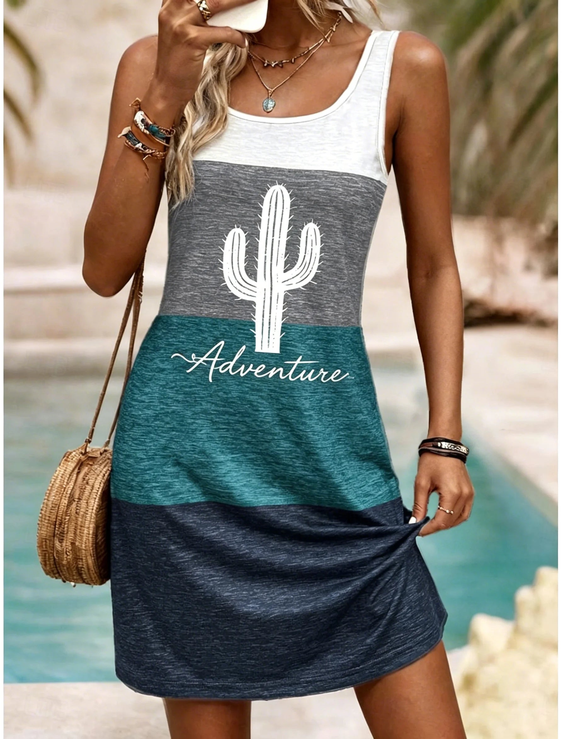Women's U-Neck Color Block Monstera Breathe Print Sleeveless Casual Tank Dress Beach Vacation Mini Dress for Spring Summer