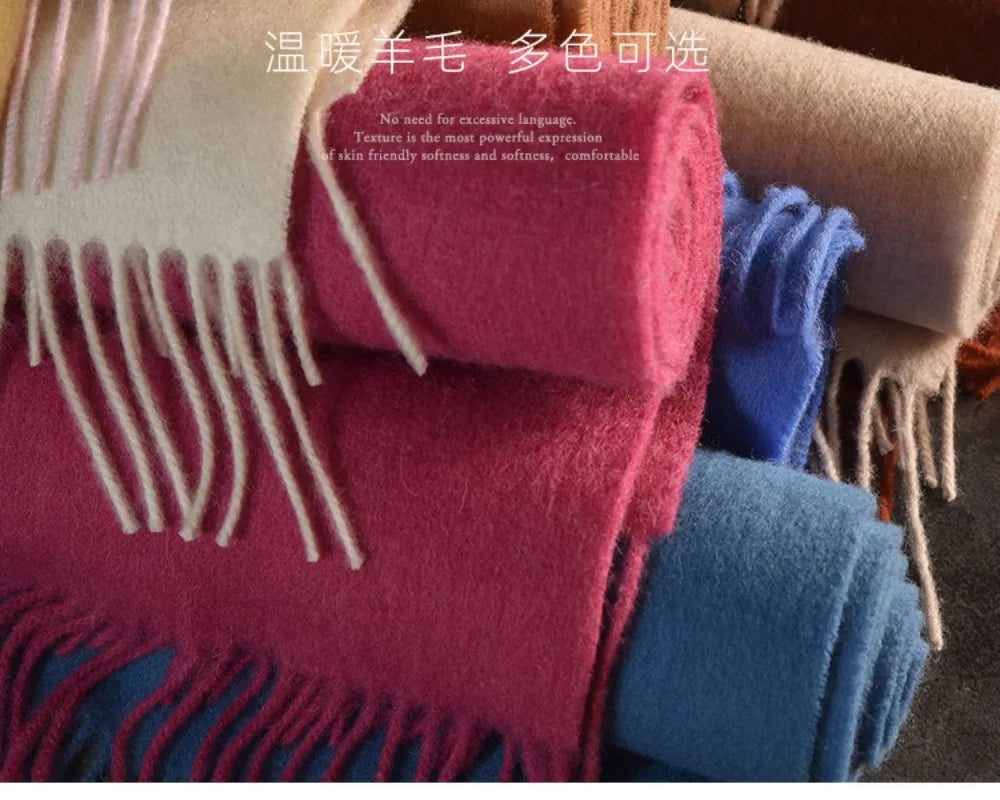 High Quality 100% Wool Muffler Classic Simple Solid Men Women Scarf Fall Winter Thick Casual Shawl Male Female Tassel Scarves