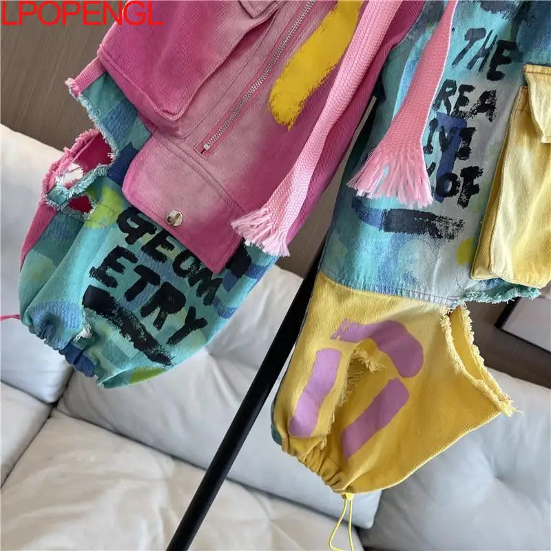 Personality Hip Hop Patchwork Pockets Jeans Women's Spring And Summer New Drawstring Ripped Streetwear Straight Leg Harem Pants