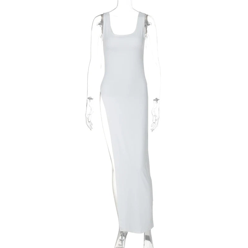 Sexy Sleeveless Side High Split Midi Dress Backless Women's Summer Party Club Streetwear Y2K Style Solid Color