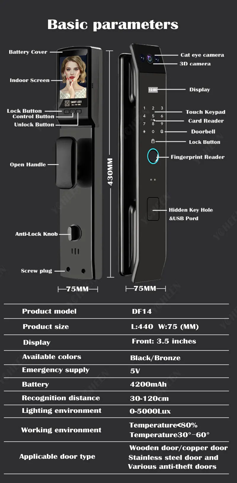 Tuya Wifi 3D Face Recognition Digital Smart Lock Temporary Password Video Intercom Electronic Door Lock Fingerprint Keyless Lock
