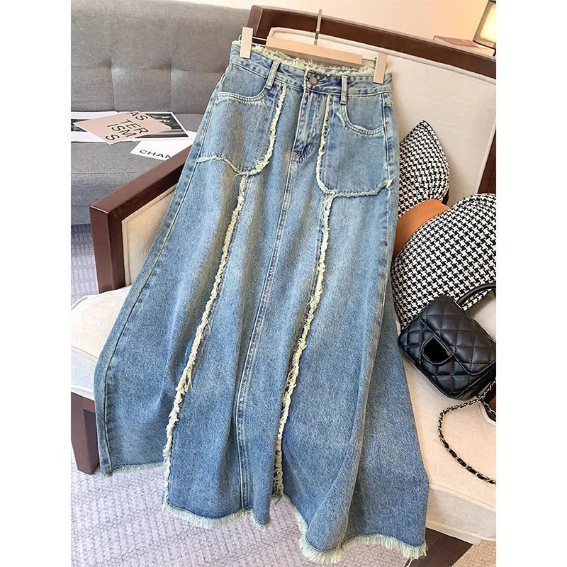 Women's Tassel Denim Long Skirts, Vintage Pocket, A-line Jeans Skirt, High Waist, Women's Fashion, Spring, S-5XL
