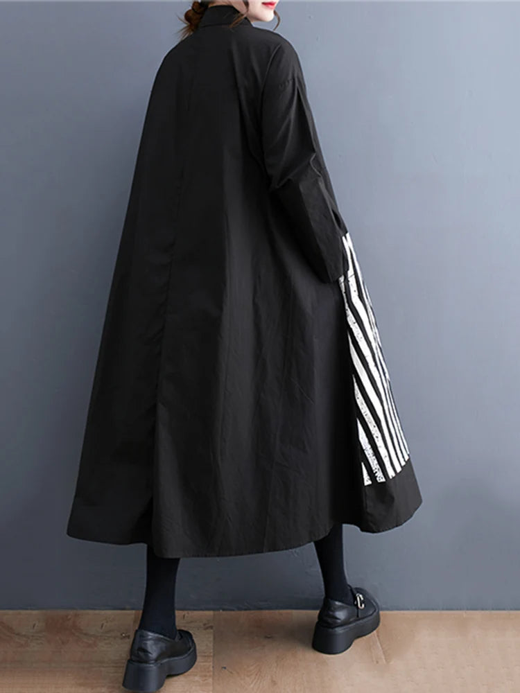 Long Sleeve Patchwork Vintage Print Dresses For Women Loose Casual Midi Dress Robe Fashion Elegant Clothing Spring Autumn 2025