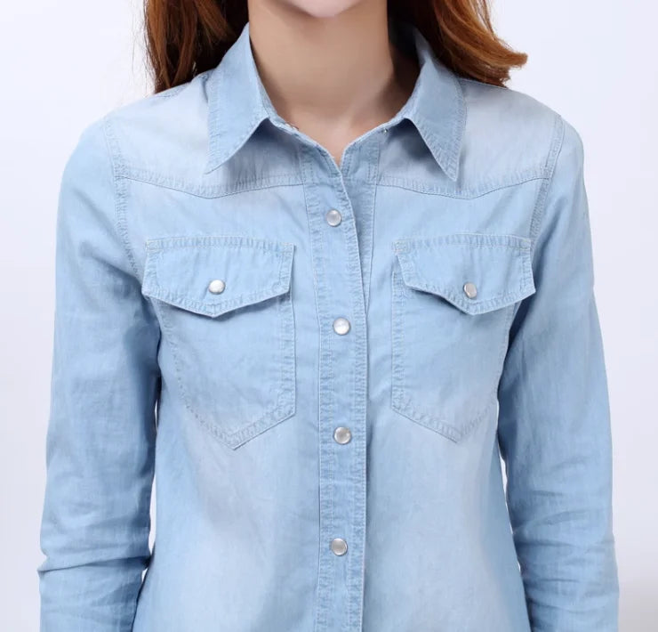 Spring 2026 New Denim Shirts And Blouse For Women Korean Style Long Sleeve Top Blue Or Sky Blue Color Jeans Elegant Blouses