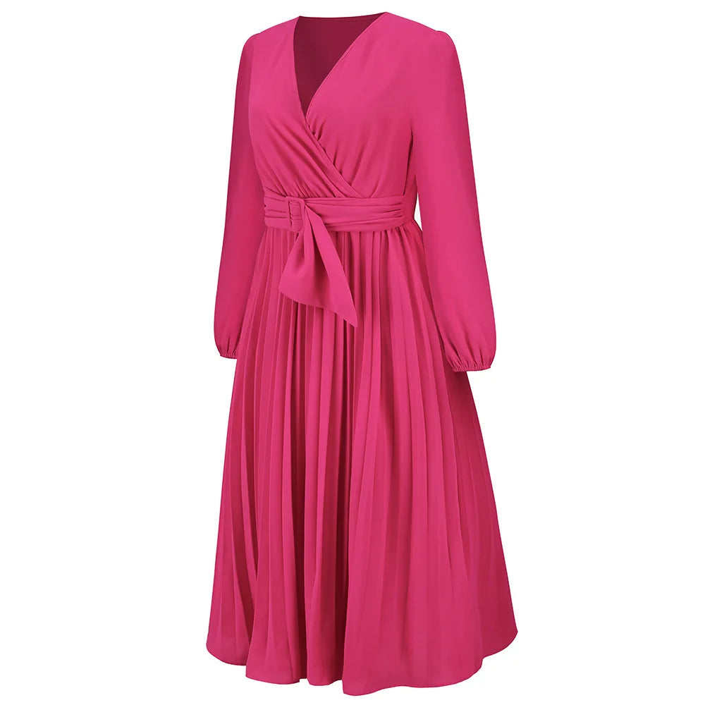 Elegant Women's Green Chiffon Autumn/Winter Long Sleeve Slim Fit Pleated Dress Fashion Women's V-neck Belt Party Dresses S-2XL