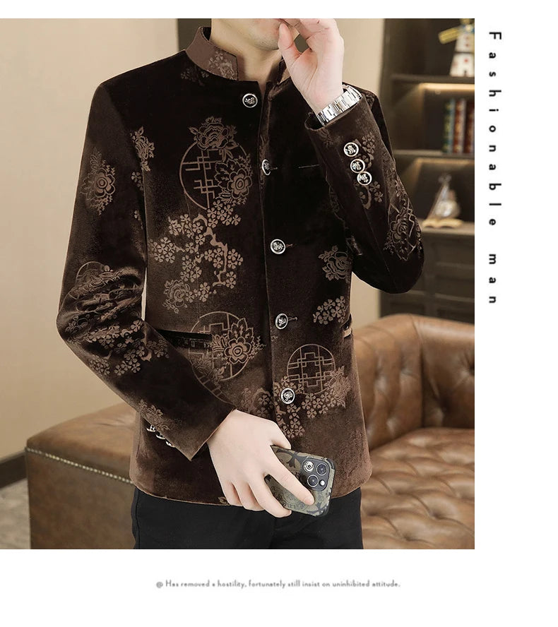 Blazer New Men's Fashion Business Gentleman Wedding English Style Banquet Chinese Jacquard Satin Outdoor Casual Slim Blazer