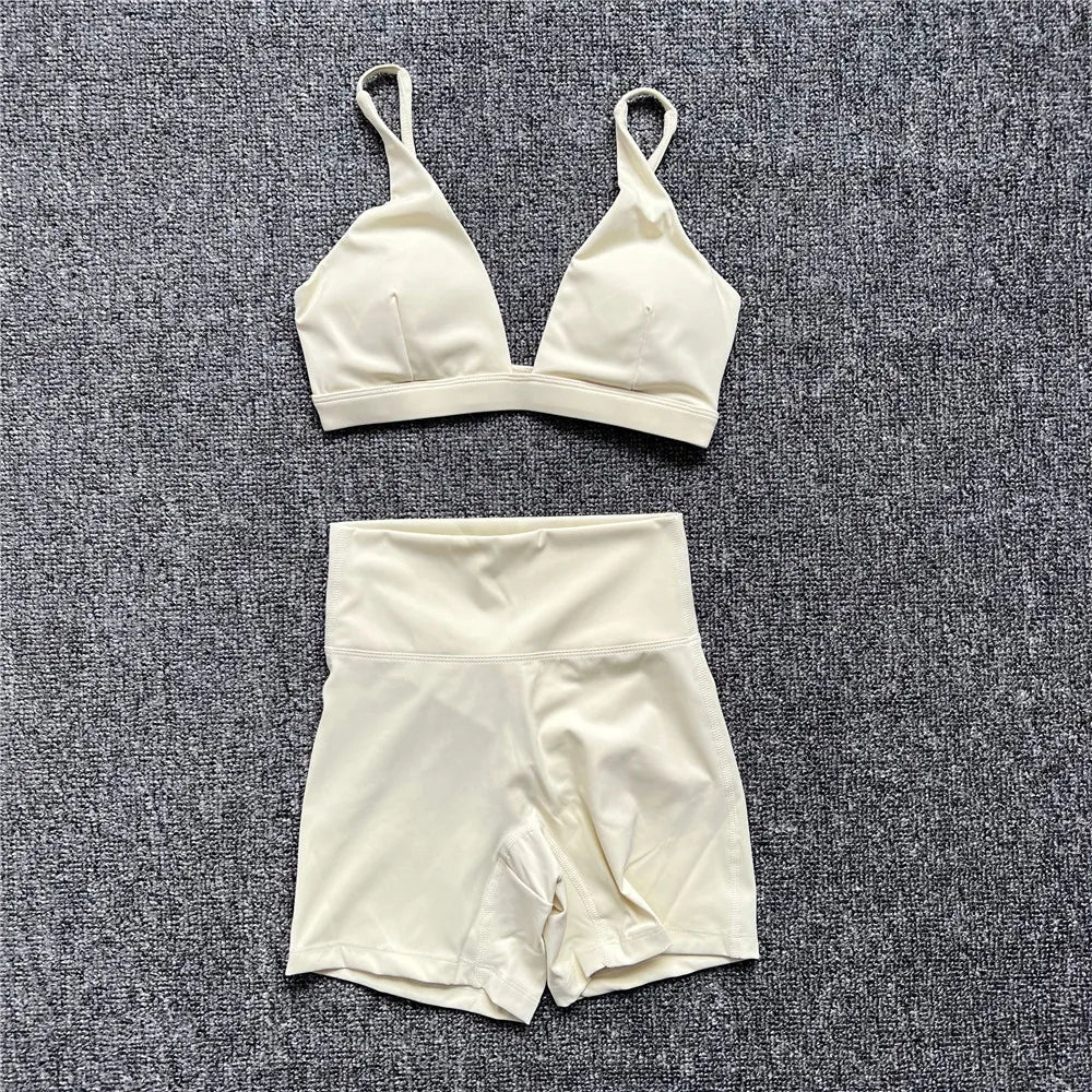 2PCS Nude Deep VNeck Sport Bra Women Yoga Sets Workout Gym Scrunch High Waist Fitness Push Up Shorts Running Avtive Suit XP187