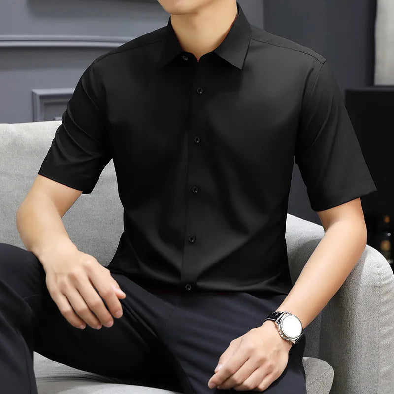 Casual Light Blue Short Sleeve Button Up Shirt for Men Versatile Collared Dress Shirt for Spring & Summer