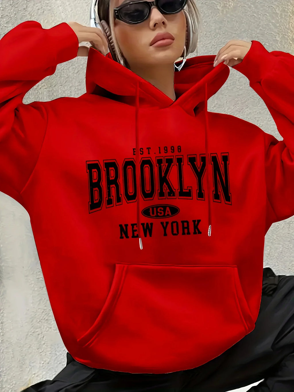Lady's letter-printed drawstring hooded sweatshirt with long sleeves and pocket featuring geometric patterns regular fit clothes