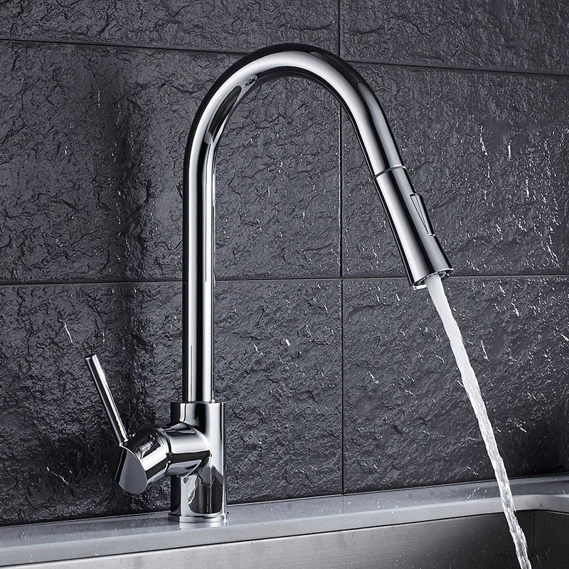 Stainless Steel Kitchen Sink Faucet Pull Out Sprayer Hot Cold Water Mixer Tap Deck Mounted Single Hole Modern Kitchen Tap
