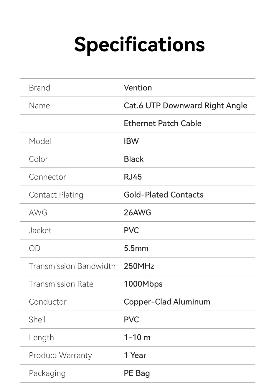 Vention Cat6 Ethernet Cable 90° Right Angle Design CAT 6 Networking Internet Lan Cord for Laptops PS5 4 Xbox Router RJ45 Cable