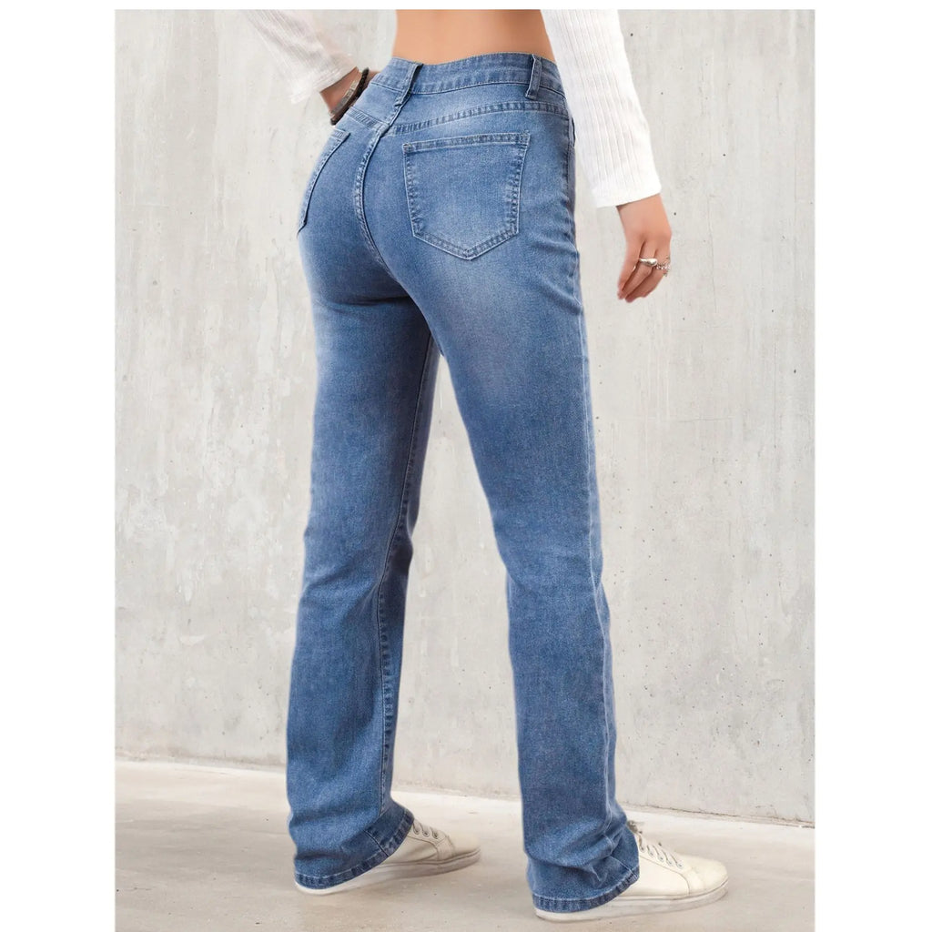 Women's denim pants suitable for all seasons light blue simple casual fashionable versatile elastic perforated flared pants