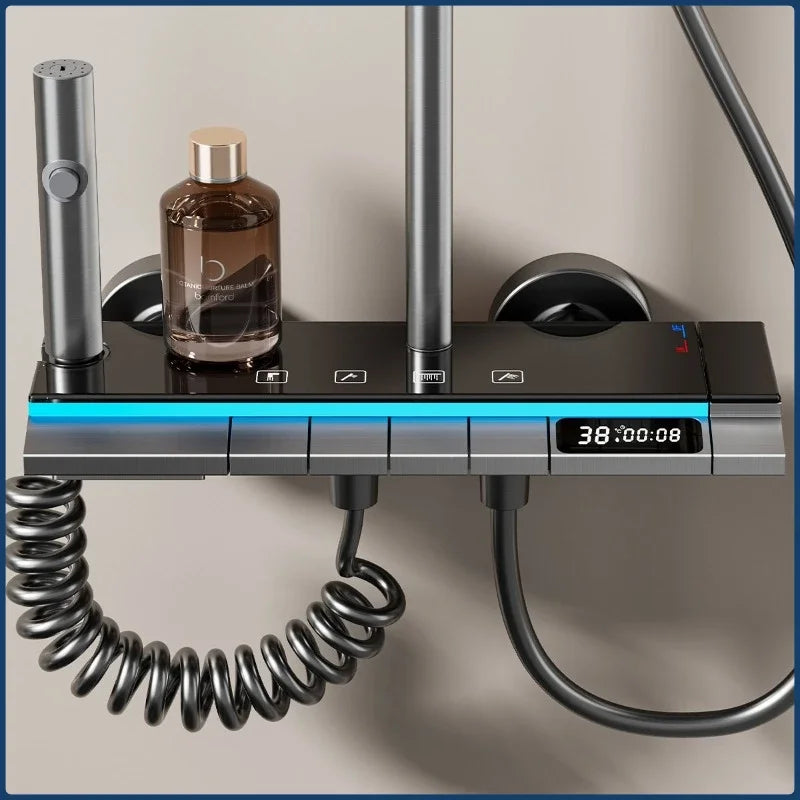 4-way Rainlfall Shower System Set Smart Digital Bathroom Shower Faucet Set Grey Aluminum Shower Set with Temperature Display