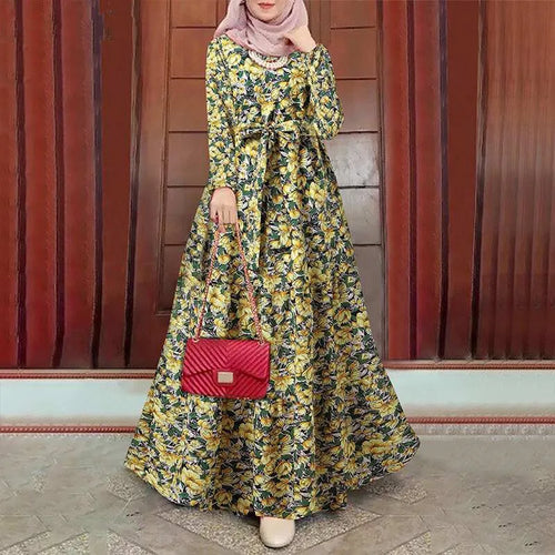 2025 New Muslim Robe Dress Fashion Retro Robe Femme Musulman Printed Long Sleeve Women's Dress