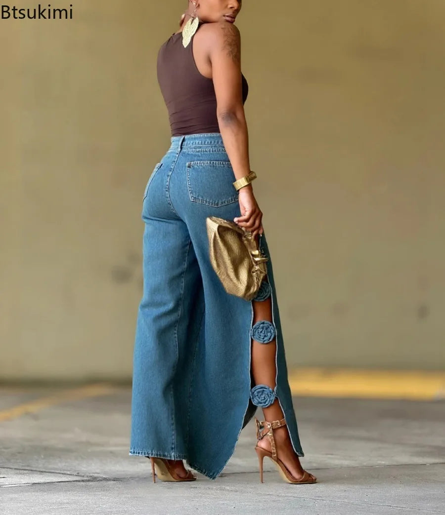 New Women's Jeans Patchwork High Waist Washed Distressed Loose Wide Leg Trousers Fashion Hollow Out Streetwear Retro Denim Pants
