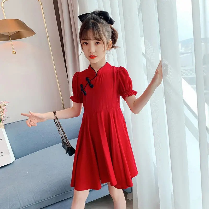 2026 Kids Girls Solid Chinese Red Cheongsam Qipao Princess Teenager New Year Dresses Clothing 4 7 8 9 10 12 14 Years