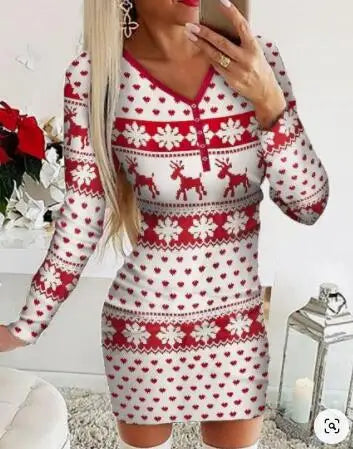 Christmas Women's Dresses 2024 Autumn Long Sleeve Fashion Snowflake Elk Print Casual O-Neck Daily Skinny Mini Dress