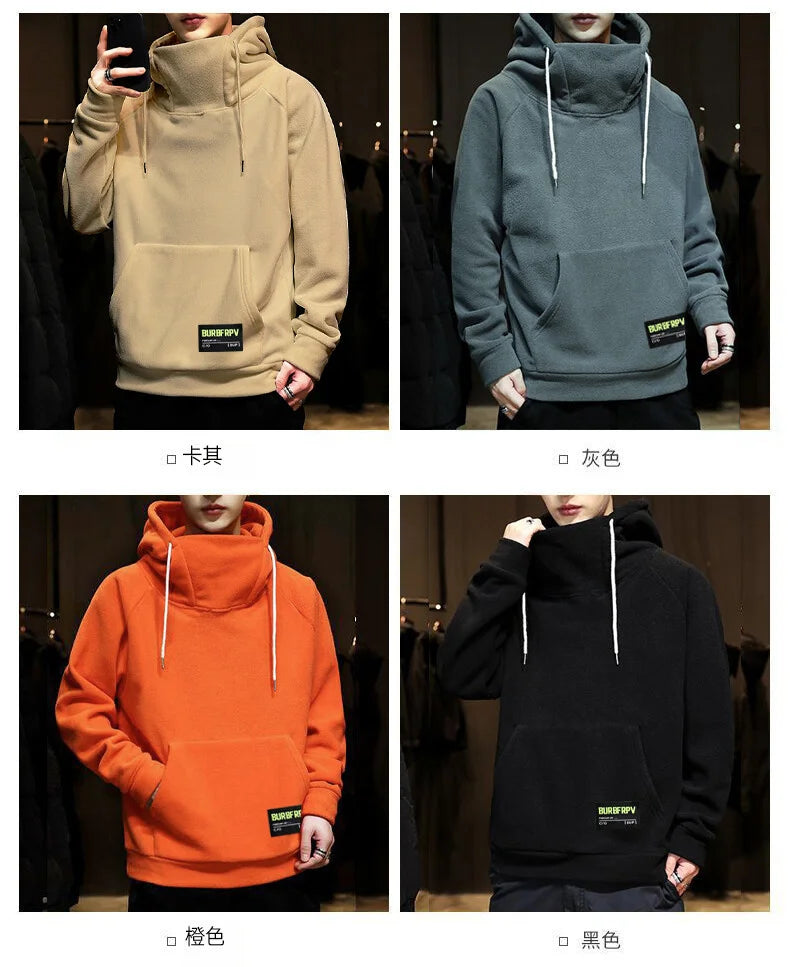 Men's Polar Fleece Sweatshirt Solid Color Street Style Autumn Winter Men Hood Sports Windproof Oversized High Collar Hoodie 5XL