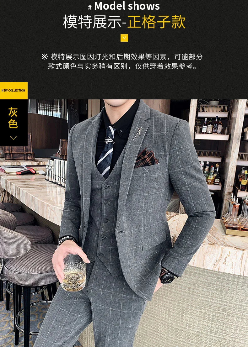 S-7XL ( Blazer + Vest + Pants ) Striped Plaid Solid Color Mens Formal Business Suit 3Pcs Set Groom Wedding Social Show Dress