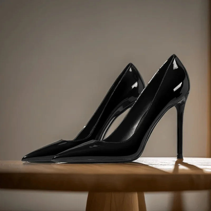 High heels, women's slim heels, 2025 matte brown leather commuting professional work shoes, shallow mouth pointed single shoes