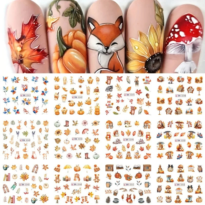 12 Designs Autumn Maple Leaf Squirrel Pumpkin Water Nail Stickers Fall Season Element Watermark Sliders DIY Manicure Decal Foils