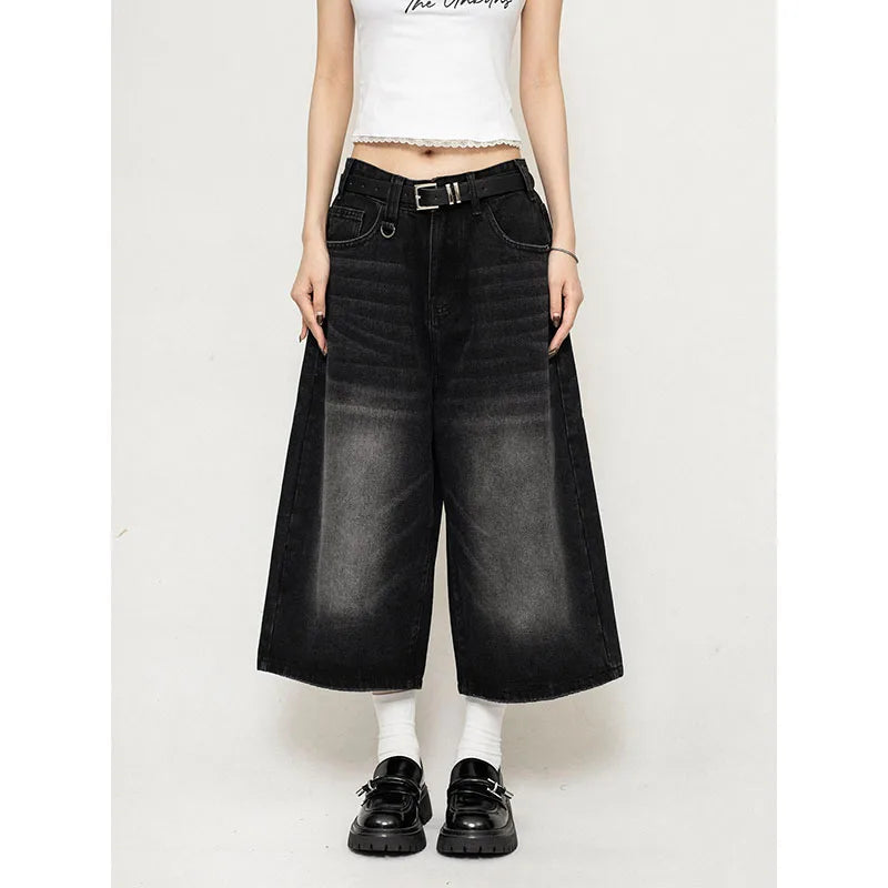 High Waist Black Retro Washed Denim Shorts Women's Harajuku Vintage Fashion Casual Loose Y2K Streetwear Mid Long Wide Leg Pants