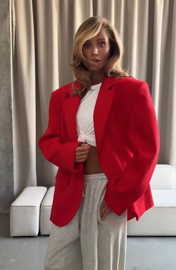 Women Red Blazer Jacket Single Button Lapel Collar Loose Casual Coats 2026 Autumn Winter New Fashion Street Oversized Streetwear