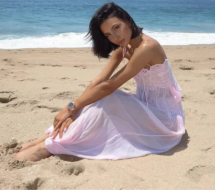 Women Pink Lace Double Strap Crop Top Two Piece Set Boho Sleeveless Flowy Matching Outfit 2026 Seaside Vacation Casual Outfits