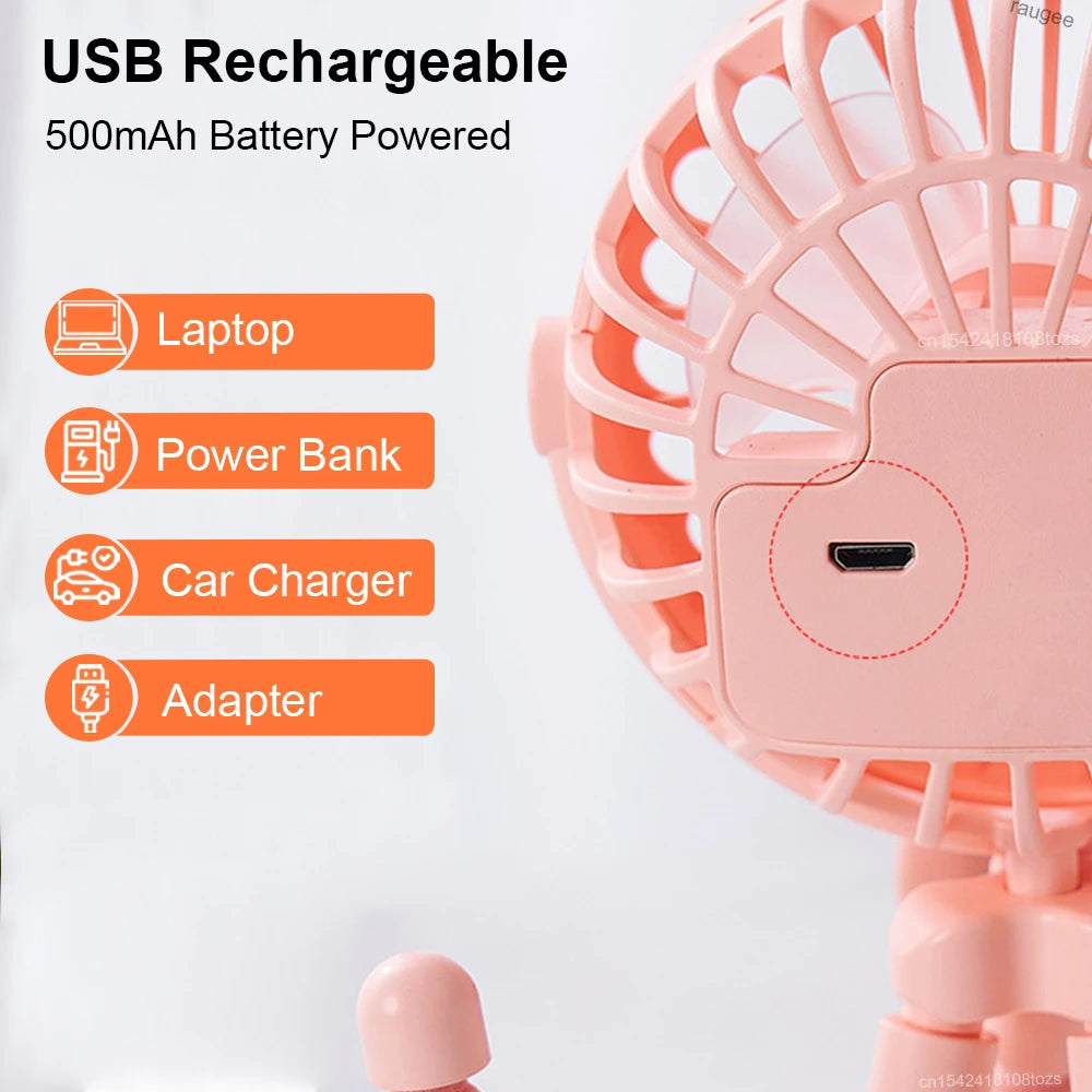 Baby Stroller Fan Folding Portable Octopus Mini Fan USB Rechargeable 3 Speed HandHeld Small Fan Flexible Tripod for Baby Outdoor