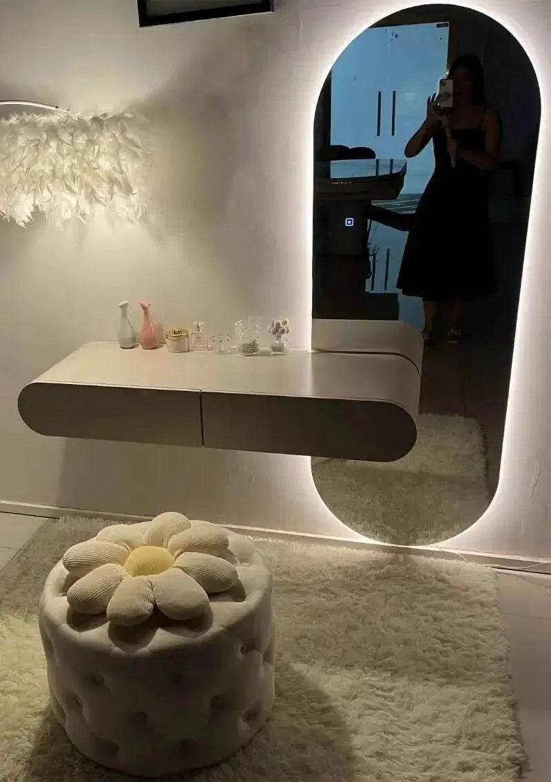 Cream Minimalist Wall Mounted Dressing Table with Mirror Suspended Vanity Desk for Bedroom Small Space Modern Makeup Table