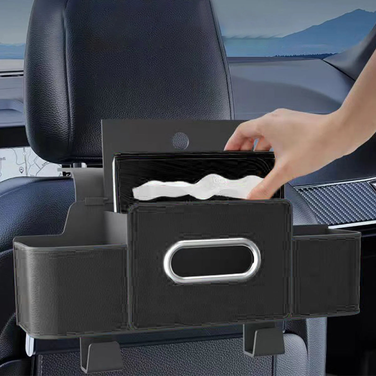 Car Seat Organizer with Tissue Box & 2 Cup Holder Car Backseat Hanging Storage Box for Snacks/Drinks Universal Stowing Tidying