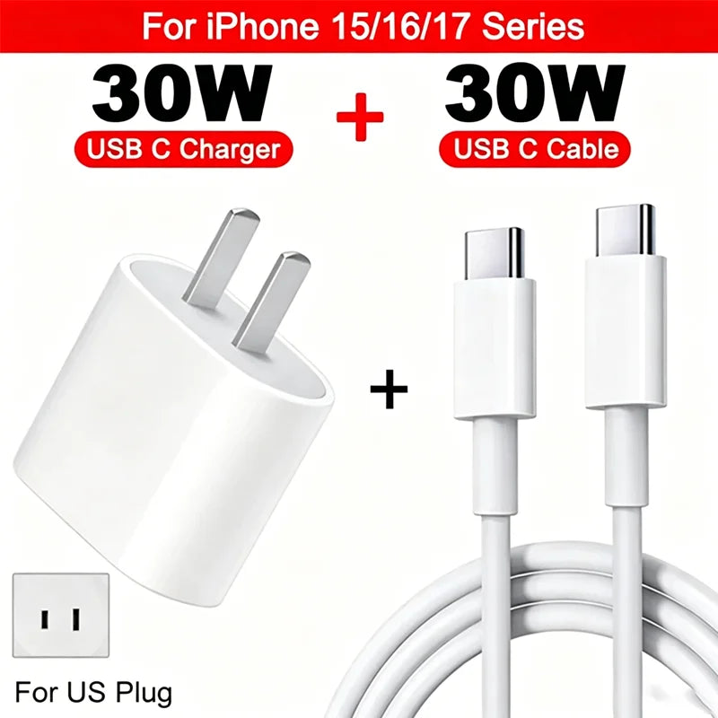 30W Charger USB Type C Fast Charger For iPhone 13 15 17 14 12 11 16 Pro Max Plus PD Charger Charging Cable Accessories