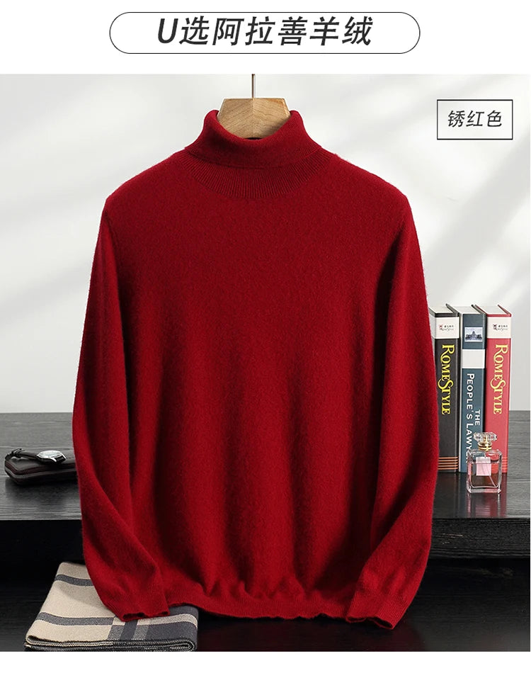 Autumn/Winter Men's 100% Cashmere Pullover Business Casual Solid Knitted Sweater Loose High Collar Tops Basic Thick Warm Jumper